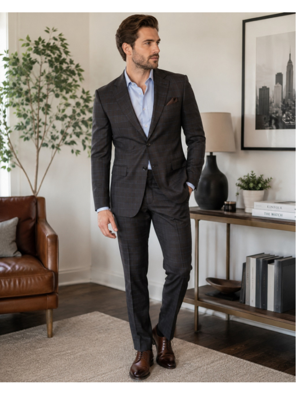 Men's Lineage Suit 40R Brown Blue Plaid Performance Blazer and Trousers